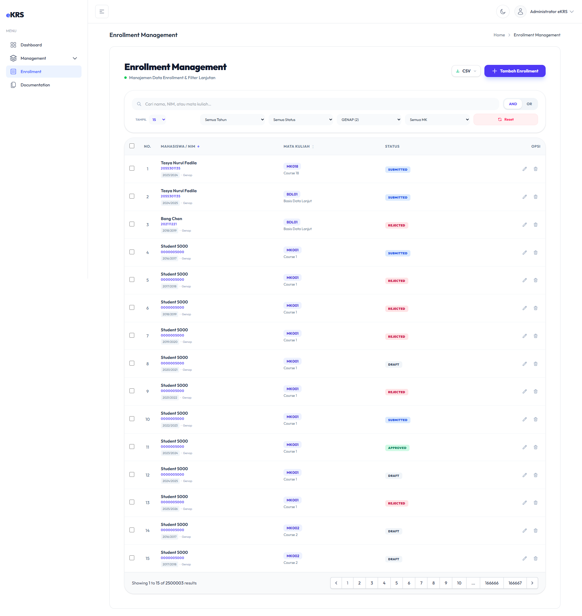 Data Enrollment - Filter Status