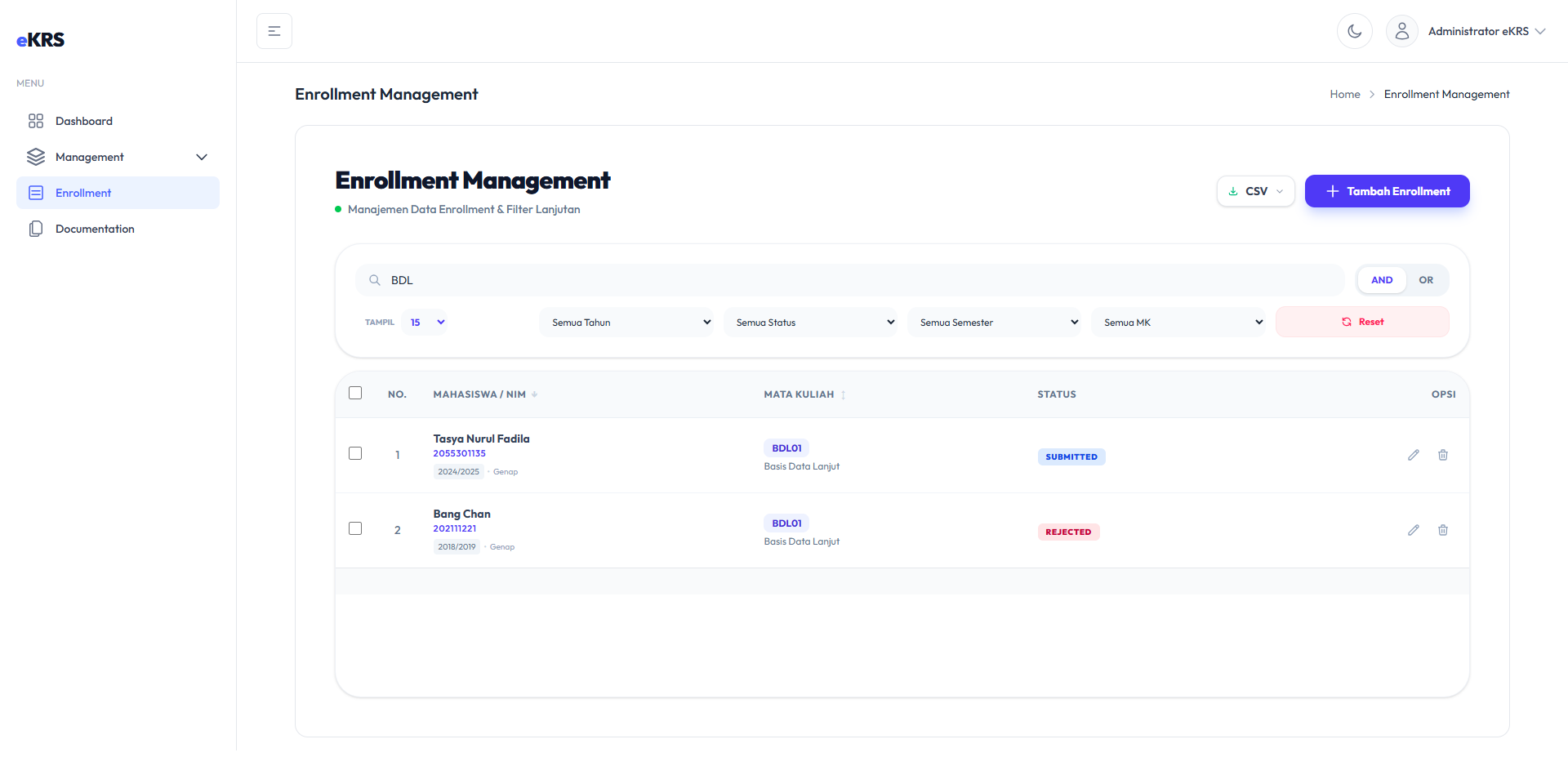 Data Enrollment - Search Kode Mata Kuliah