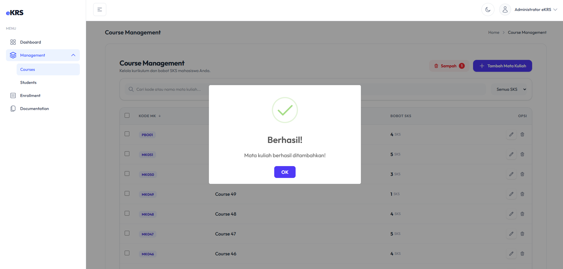 Alert Success Tambah Course