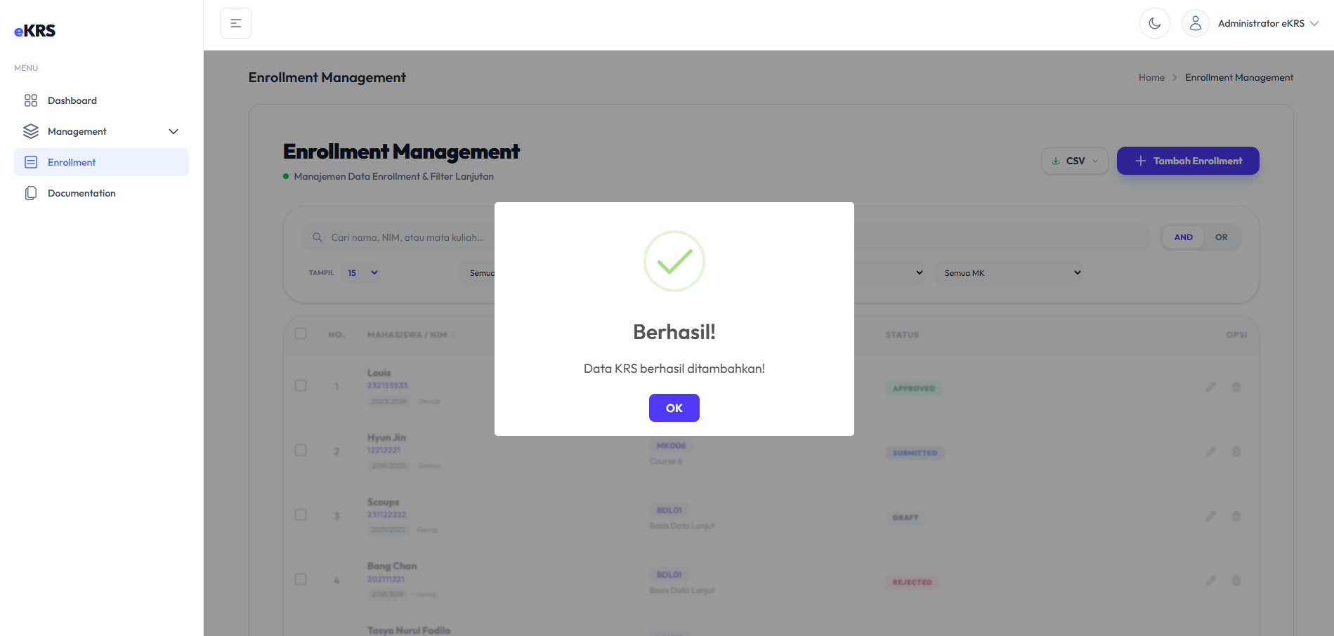 Alert Success Tambah Enrollment