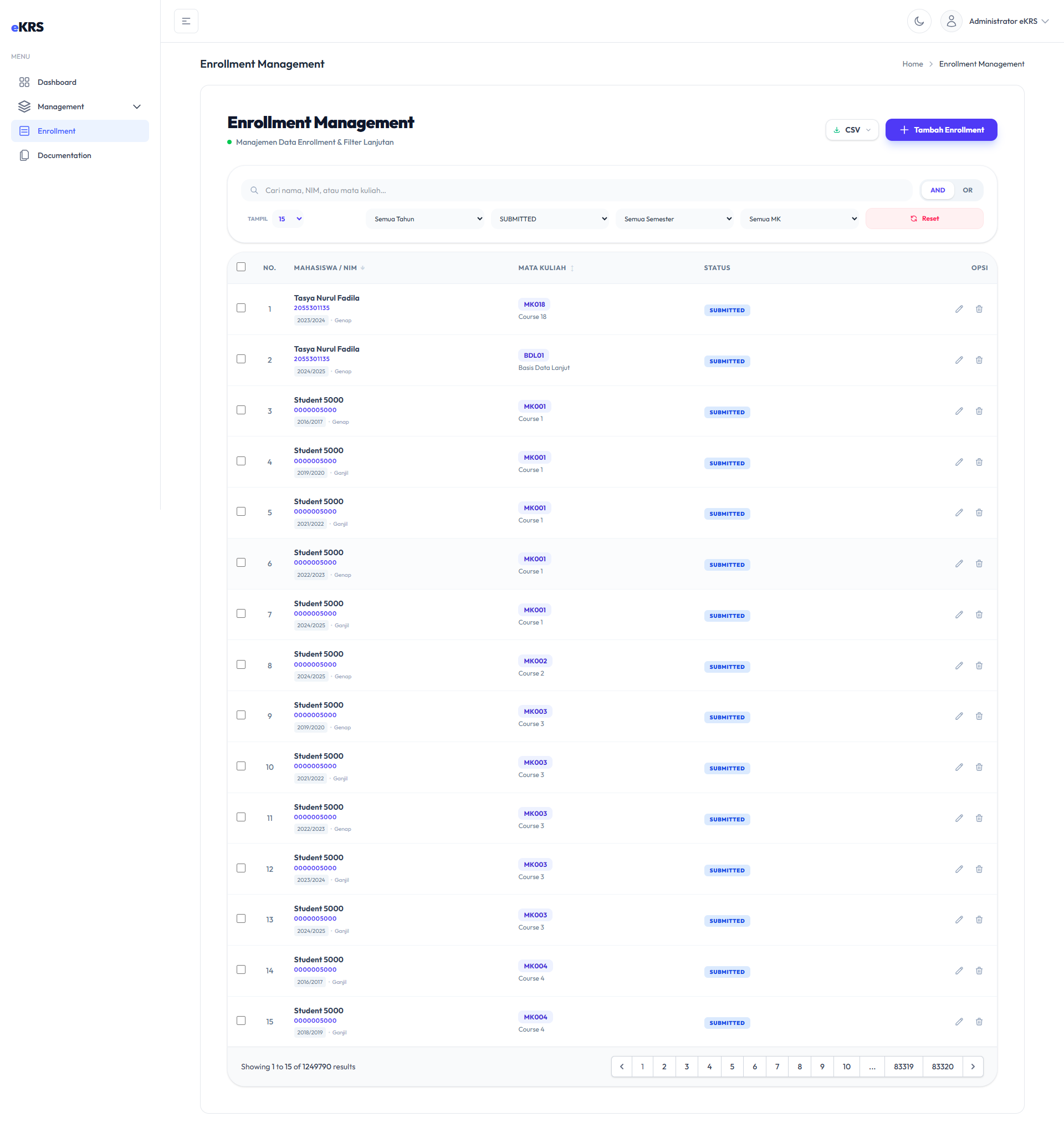 Data Enrollment - Filter Semester