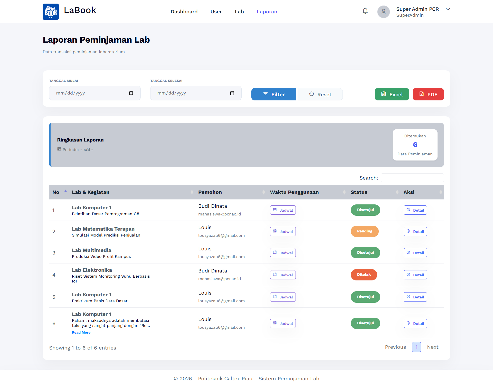 Laporan Booking (SuperAdmin)