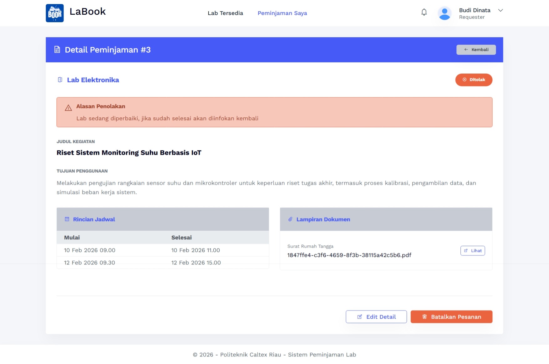 Detail Booking - Rejected (Requester)