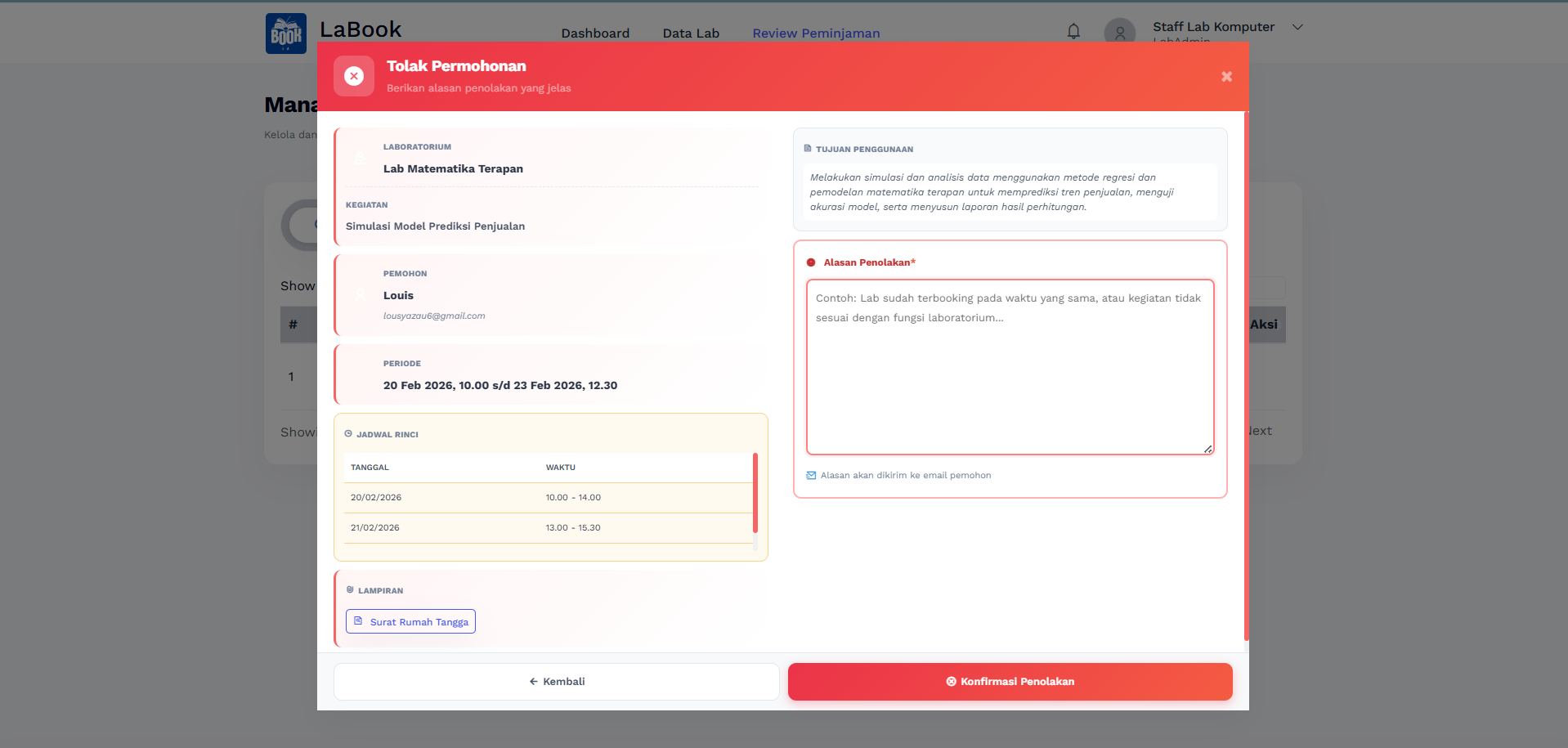 Konfirmasi Permohonan - Rejected (LabAdmin)