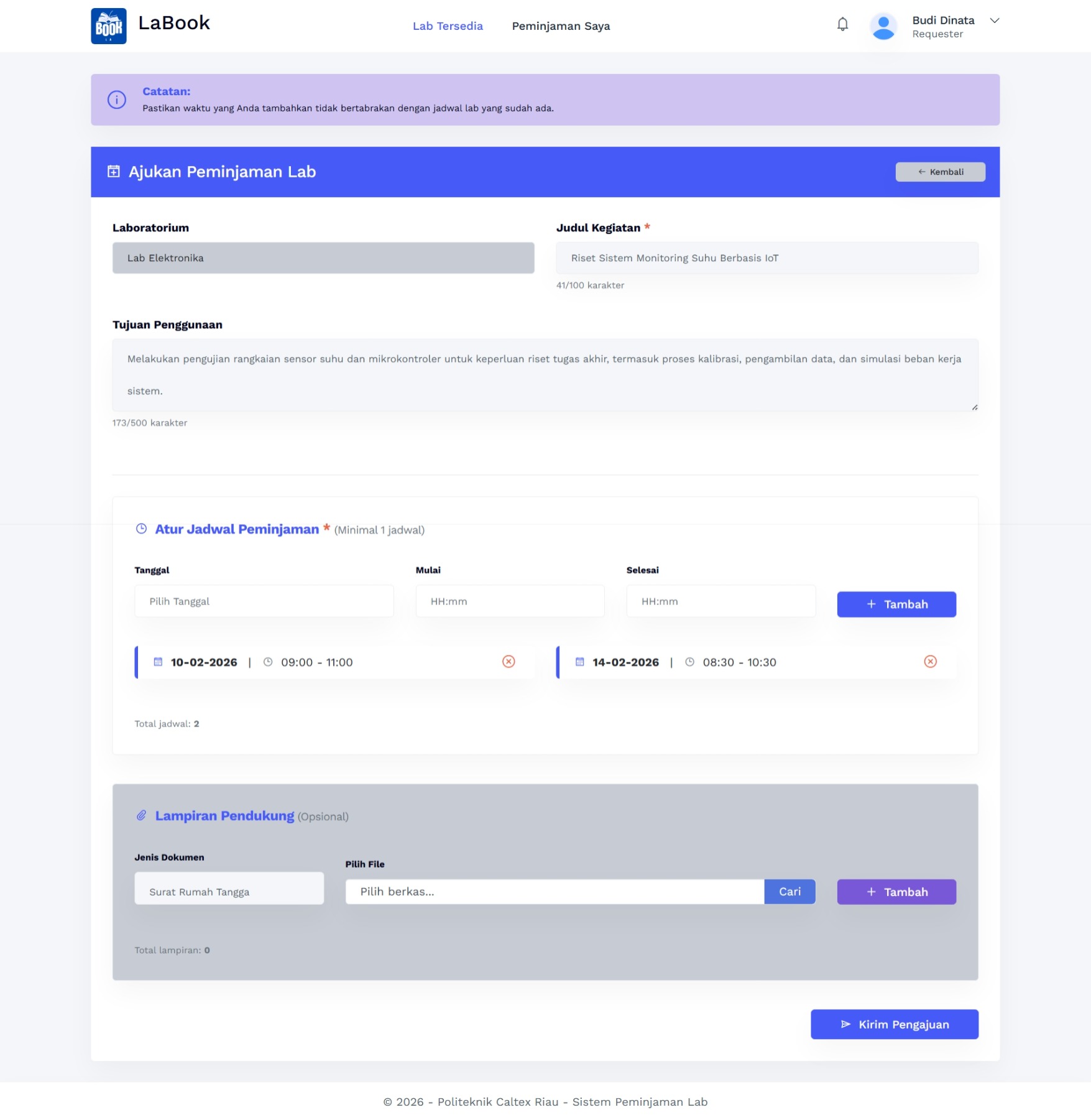 Form Tambah Booking (requester)