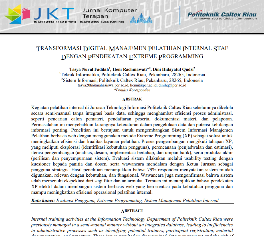 TRANSFORMASI DIGITAL MANAJEMEN PELATIHAN INTERNAL STAF DENGAN PENDEKATAN EXTREME PROGRAMMING